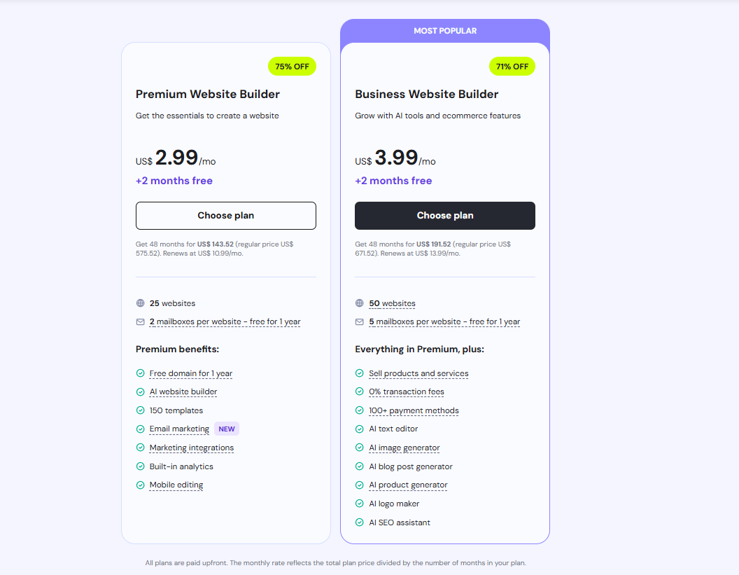 Hostinger Website builder Plans, Services & Pricing