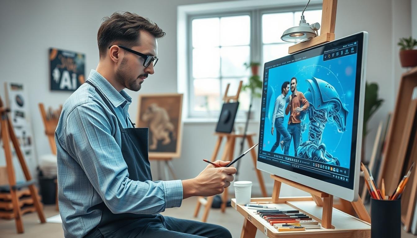 Artist working with AI painting tools in a studio environment, showing human-AI collaboration