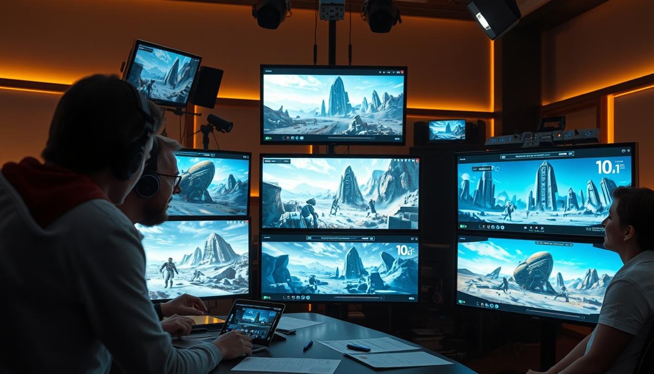 Film production team using AI painting for concept art and storyboarding