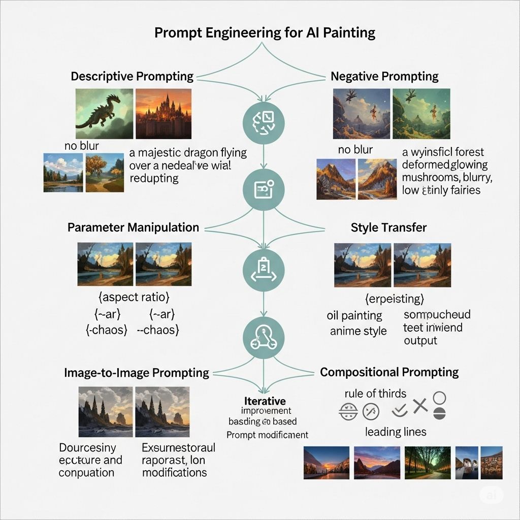 Diagram showing prompt engineering techniques for AI painting with examples