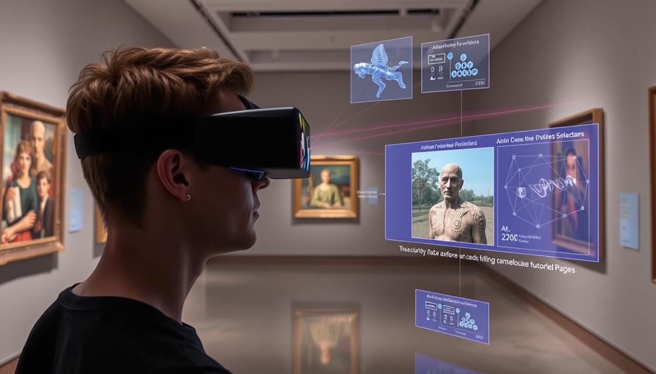 Person using AR glasses to view and interact with AI-generated paintings in a physical space