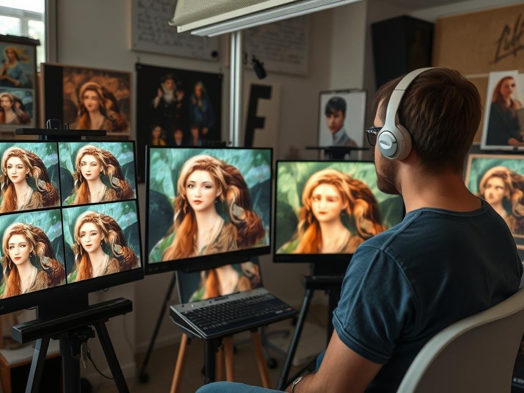 Artist working with a personalized AI painting model showing consistent style across multiple works