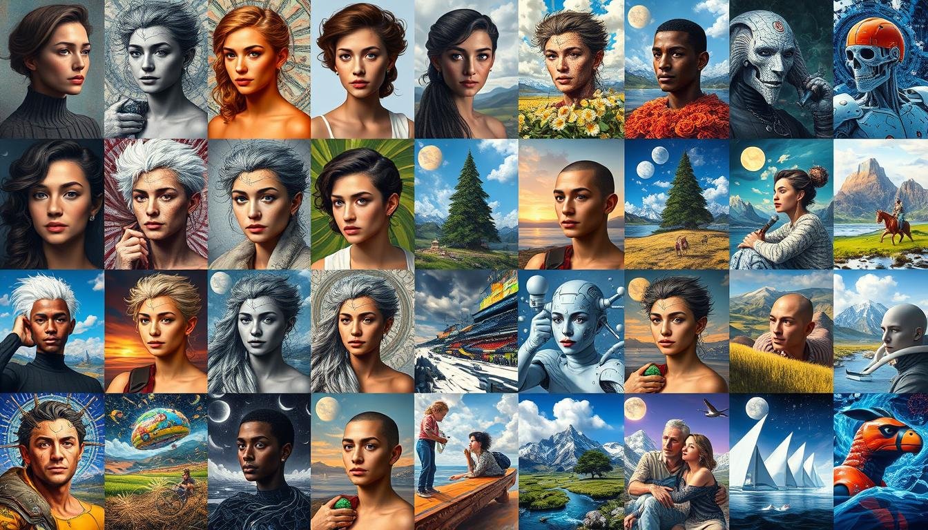 Collage of diverse AI paintings showing the range of styles and applications possible with current technology
