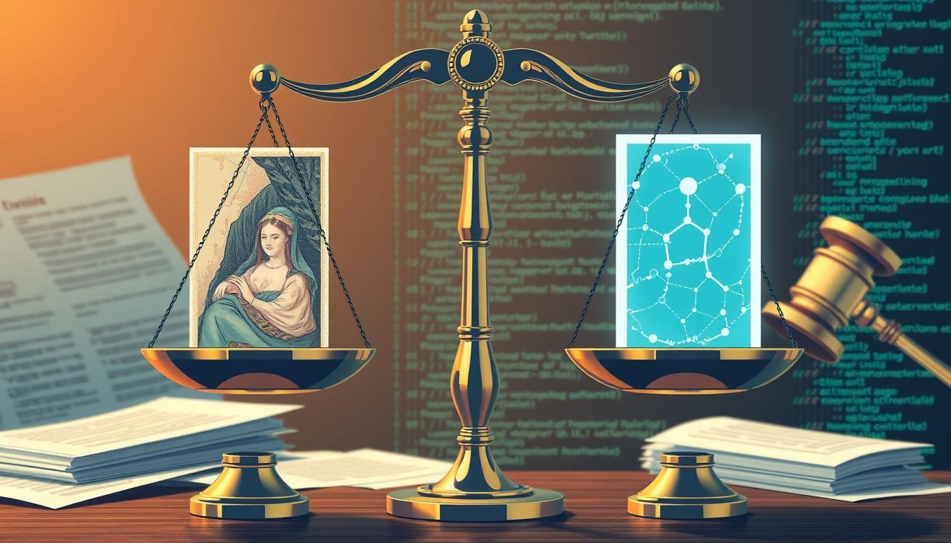 Conceptual illustration of AI painting copyright issues showing scales of justice with artwork and code